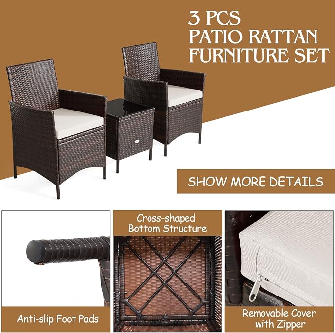 COSTWAY 3 Pieces Patio Rattan Furniture Set, Outdoor Wicker Cushioned Sofa with Tempered Glass Tabletop, Rattan Conversation Set for Porch Yard Balcony Backyard Pool, White