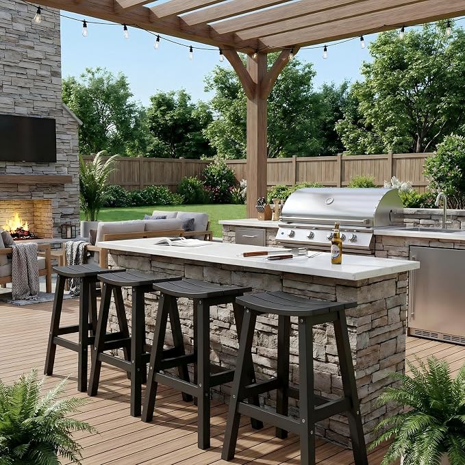 Stoog 3-Piece Patio Bar Set – All-Weather HIPS Outdoor Bar Stools Set of 2, Counter Height Bar Table with Waterproof Top, Fade & Rot Resistant, for Backyard, Deck, Garden, Black