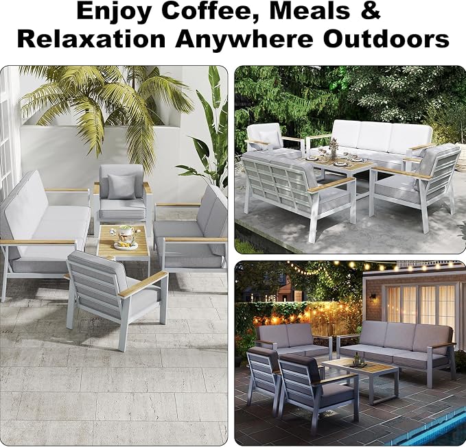 Premium Aluminum Patio Furniture Set 5 Piece,Outdoor Conversation Set with Wide Armrest,5" Thick Cushions, Olefin Fabric,Rustproof Metal Frame,Deep Seating Patio Sofa Set for Backyard,Deck,villa,White