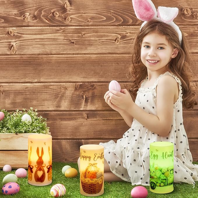 Retisee 3 Pcs Farmhouse Easter Flameless LED Candles Battery Operated Bunny Spring Flickering Pillar Candles with Remote Rabbit Happy Easter Centerpiece for Bedroom Living Room Dinner Table Decoration