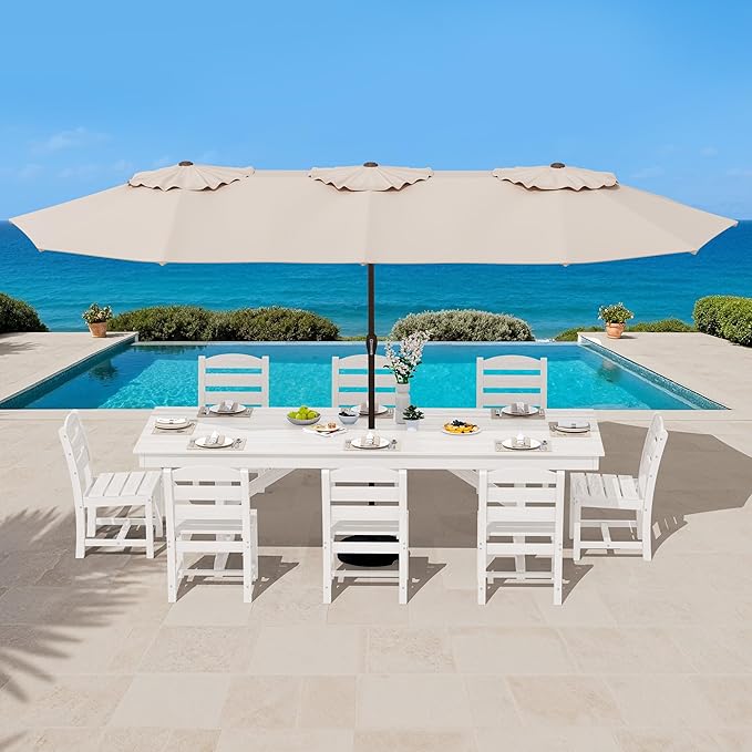 SERWALL 9 Piece Outdoor Dining Set, 84" HDPE Outdoor Table and Armless Chairs Set for 8,All Weather Patio Furniture Set with Umbrella Hole for Backyard, Garden, White