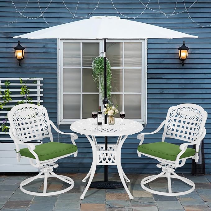 VIVIJASON 3-Piece Patio Bistro Set, Outdoor All-Weather Cast Aluminum Furniture Dining Set, Include 2 Swivel Rocker Chairs and 31" Round Table w/Umbrella Hole for Balcony, Lawn, Garden, White