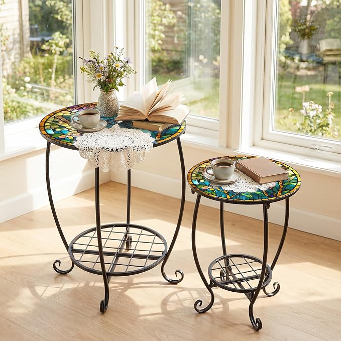 Cinnvoice 2 Pcs Outdoor Side Table Small Patio Round Mosaic Accent End Table Indoor Plant Metal Coffee Tea Tables for Patio Yard Porch Garden Living Room(12" and 18",Butterfly Style)