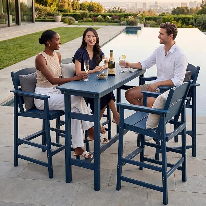 3 Piece Outdoor Bar Table and Chairs Set, HDPE Outdoor Bar Table Set with Aluminum Reinforced Tabletop, All Weather Bar Height Patio Bistro Set for Balcony/Porch/Backyard, Blue