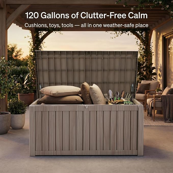 120 Gallon Outdoor Deck Boxes, IP68 Waterproof Outdoor Storage Box with Hydraulic Lid Support, Outside Resin Container for Furniture, Toy, Shoe, Garden & Patio Tools Storage -Brown