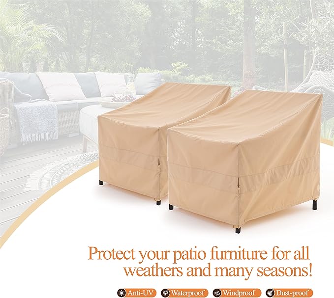 WJ-X3 Patio Chair Cover, Outdoor Lounge Cover, Heavy Duty, Waterproof Lawn Patio Chair Covers, 33W x 35D x 36H, Beige, 2-Pack