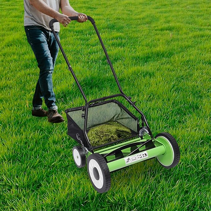 Garden Manual Hand Push Grass Cutter,16in Lawn Mower Lawn Cutter Grass Catcher 5-Blade, Adjustable Cutting with Grass Catcher