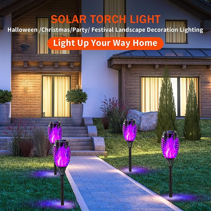 Swingers Solar Lights Outdoor,Halloween Solar Torch Lights with Flickering Flame,Waterproof Outdoor Garden Lights for Outside Patio Pathway Yard Decorations(8, Purple)