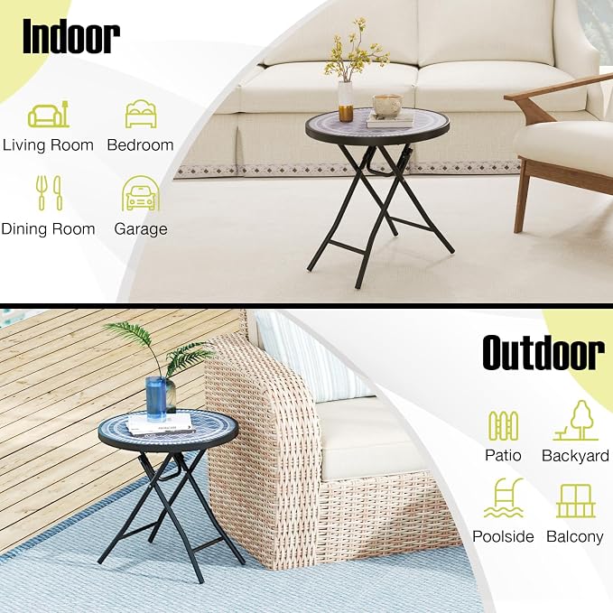 Tangkula Round Folding Side Table, 18 Inch Patio Coffee Table with Tempered Glass Tabletop and Metal Frame, Indoor Outdoor Small Side Table for Yard, Balcony, Porch, Poolside (Grey,1)
