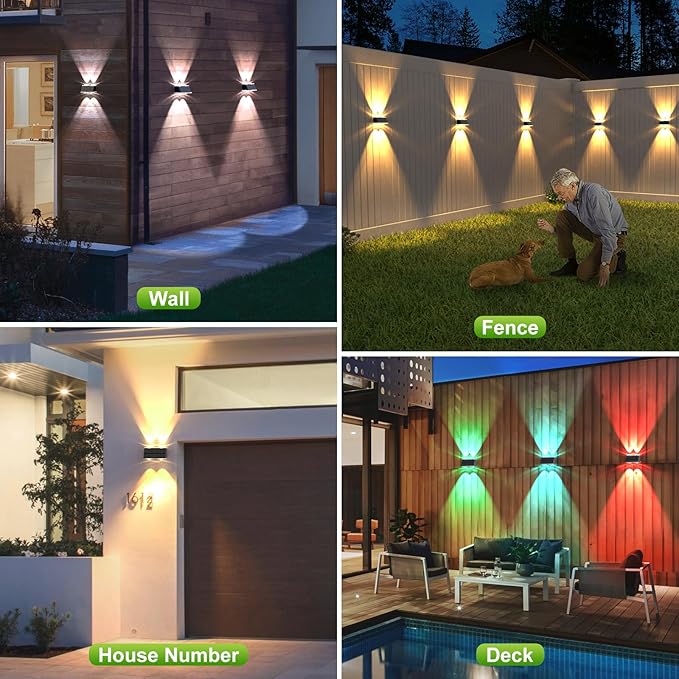 LANSOW Solar Fence Lights 2 Pack, Solar Powered Lights Outdoor Waterproof, 9-Mode Warm/Cool White & RGB Up-Down Led Spot Wall Lights Dusk to Dawn Decor for Backyard, Deck, Patio, Pool, Railing(White)