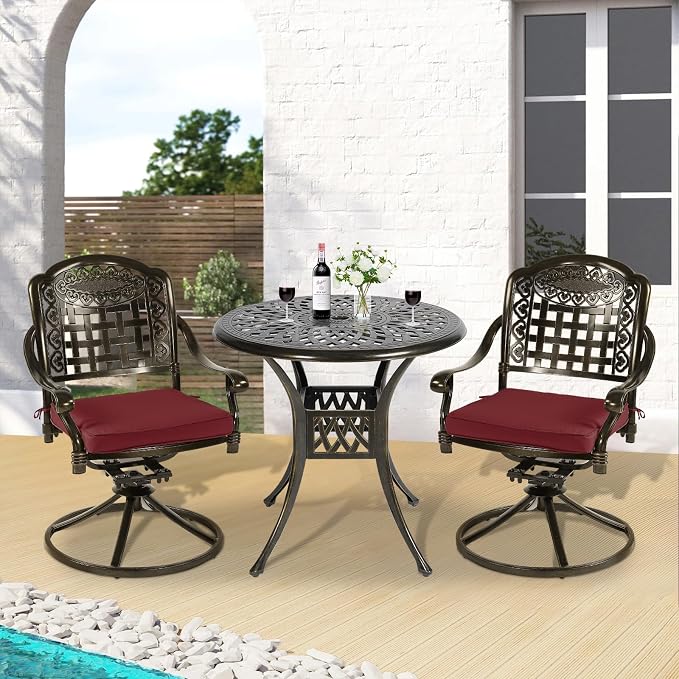 3-Piece Outdoor Patio Dining Set, All-Weather Cast Aluminum Patio Furniture Set for Backyard Garden Deck with 2 Swivel Cushioned Chairs and 31” Round Table, 2" Umbrella Hole, Chili Red