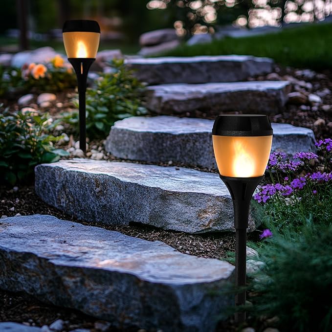 FoxFlame Solar Path Lights Outdoor Waterproof-Realistic Flickering LED Flame,IP65 Pathway Lights Solar Powered Warm Light for Garden and Walkways,Ground Stake Included for Easy Setup(2 Pack)