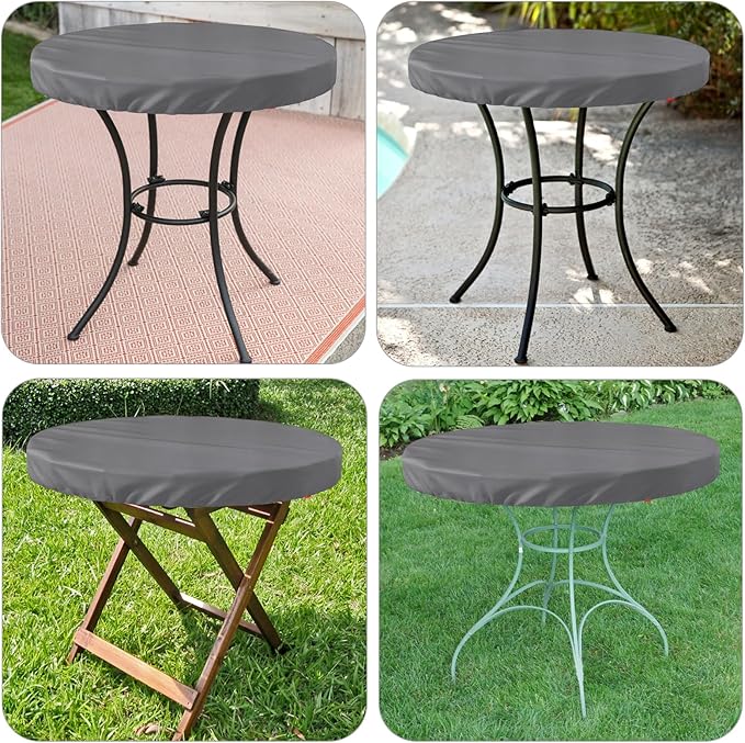 Outdoor Round Table Cover Waterproof UV-Resistant for 42 Inch Diameter Patio Tables - Heavy Duty Weatherproof Table Top Protector with Elastic Hem (Grey)