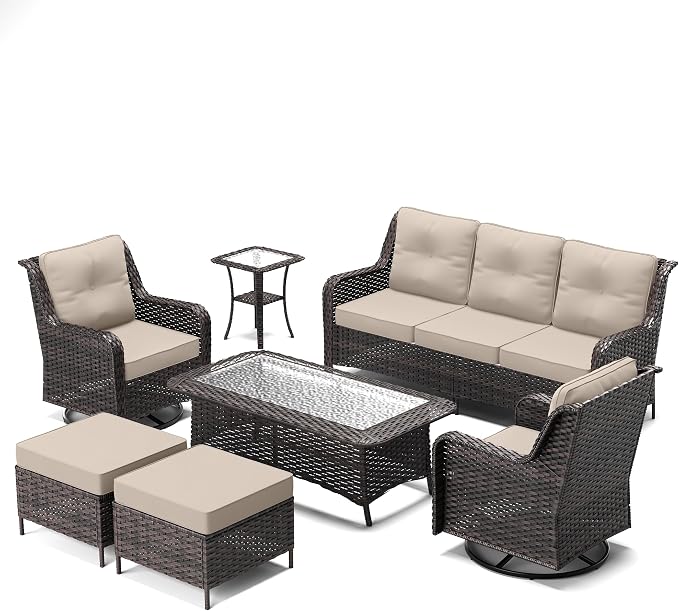 ALAULM 7 Pieces Patio Furniture Set,High Back Wicker Outdoor Sectional Furniture Set with Swivel Chairs & Coffee Table, Patio Conversation Set Thick Cushion for Backyard, Deck, Porch-Sand