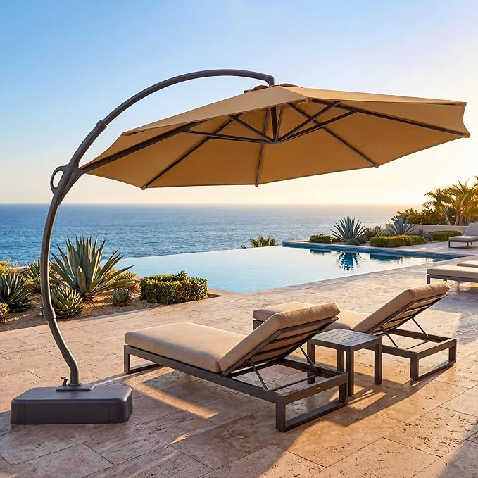 EO Living Outdoor Patio Umbrella with Base included, 12 FT Deluxe Curvy Cantilever Umbrella Heavy Duty Offset Hanging Umbrella with 360° Rotation for Pool, Garden, Backyard, Deck (Tan)