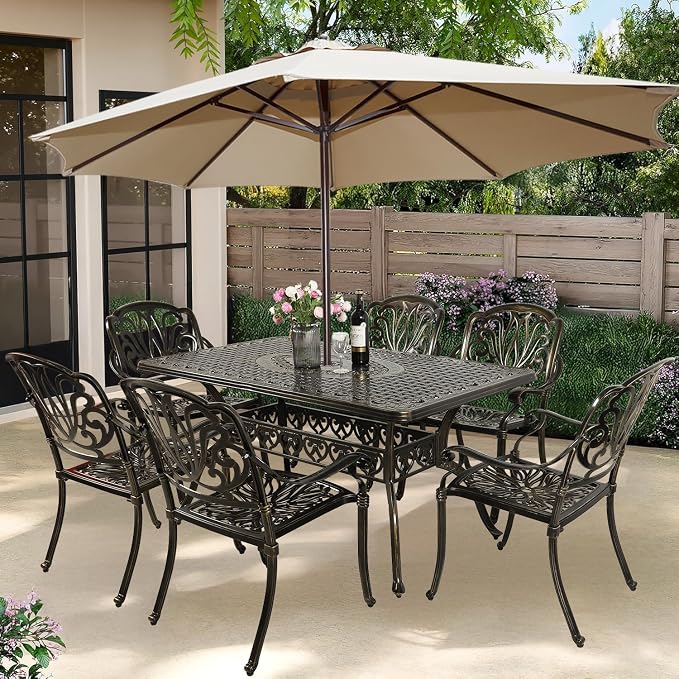 7-Piece Outdoor Patio Dining Set, 60” Rectangular Cast Aluminum Dining Table with Umbrella Hole and 6 Outdoor Dining Chairs, Patio Funiture Set for Backyard, Patio, Garden