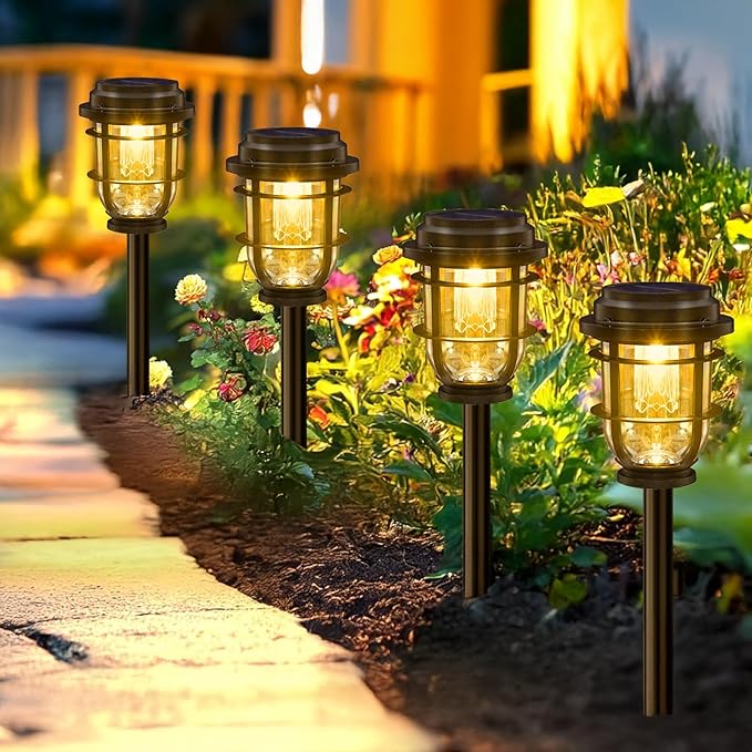 Vuees 4-Pack Solar Pathway Lights, Bright Auto Garden Lights Decor - Durable Landscape Lighting for Lawn, Patio, Walkway, Driveway, Housewarming Gift Ideas