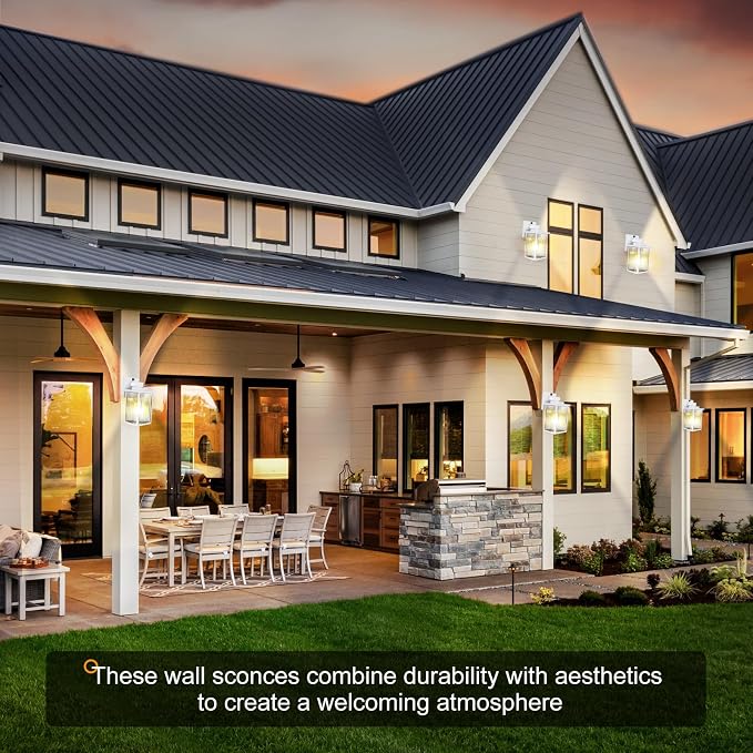 White Dusk to Dawn Wall Mount Porch Lights, Exterior Light Fixtures | Auto On and Off, Anti-Rust Metal Frame, Tempered Glass, E26 Socket, Easy DIY Install on Porch, Garage