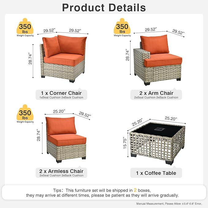 WEAXTY 6 Pieces Patio Furniture Set, Outdoor Sectional Sofa Couch with Solar Coffee Table, All-Weather Outside Furniture Patio Conversation Sets for Backyard Porch Balcony (Orange)