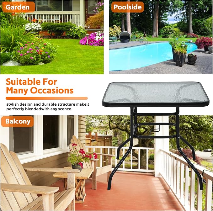 Square Outdoor Table with with Umbrella Hole, 32 Inch Tempered Glass All Weather Umbrella Table Outdoor Tables for Pool, Lawn, Balcony