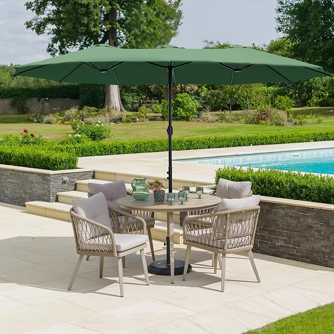 HERA'S PALACE 15ft Umbrella Patio Outdoor with Base Large Rectangle Table Double Market Umbrellas Clearance Included Stand for Deck Outside Pool Picnic Inground Yard Commercial, Mint