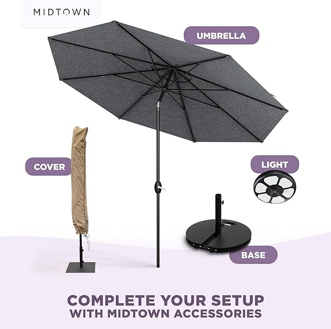 Midtown Umbrellas 10-Year-No-Fade - 9 Ft - UV Proof Heather Grey Polyester Fabric - Umbrella Outdoor Patio, Auto-Tilt Aluminum Frame Patio Umbrella for Garden, Pool & Deck - Black Pole