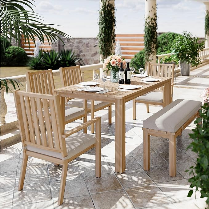 RoyalCraft Aluminum 6 Pieces Patio Dining Sets, Outdoor Dining Table with 4 Chairs and Bench, Outdoor Patio Dining Furniture Set with Removable Cushion for Lawn, Garden, Backyard, Brown