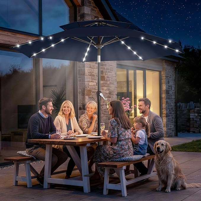 AreShark 9ft 2 Tiers Patio Umbrella with Solar Lights, Outdoor Umbrella w/ 32 LED Lights&8 Sturdy Ribs, Table Umbrella for Deck, Backyard, Pool(Navy)