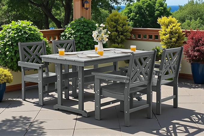 5 Piece HDPE Outdoor Dining Set for 4 Patio Dining Furniture Set with Umberlla Hole, Weather Resistent Outdoor Table and Chairs for Garden, Poolside, Backyard, Deck, Grey