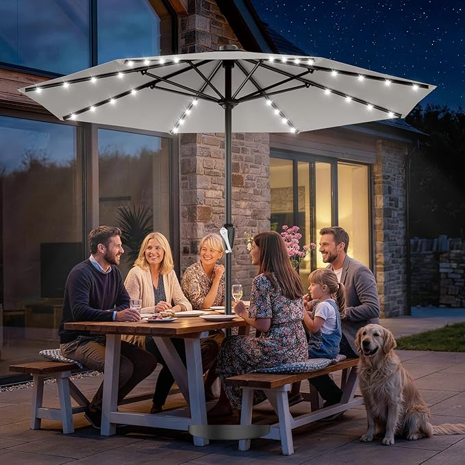 AreShark 12FT Large Patio Umbrella with Solar Lights, Solar Powered Outdoor Umbrella with Crank, Patio Table Market Umbrellas for Garden, Deck, Backyard, Pool and Beach, Light Gray