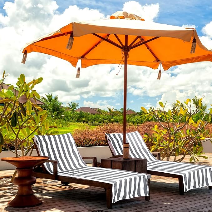 Fumete 2 Pack Lounge Chair Covers 30 x 85 Inch Pool Chaise Lounge Towels Microfiber Beach Chair Towel Portable Striped Outdoor Patio Furniture Cover for Sunbathing Picnic Spa(Gray)