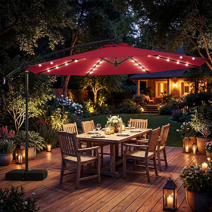 Tangkula 10ft Solar Patio Umbrella with Base Included, Offset Cantilever Outdoor Umbrella with 32 LED Lights, 360 Degree Rotation, Crank Handle for Pool Deck Garden Backyard (Wine)