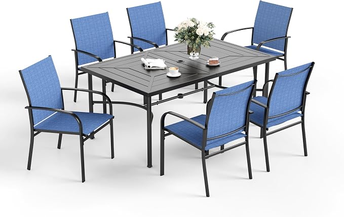 SUNSHINE VALLEY 7 Pcs Patio Dining Set for 6, Rectangular Metal Dining Table with Umbrella Hole and 6 Chairs, Outdoor Table and Chairs Set for Lawn Garden Backyard and Deck, Blue