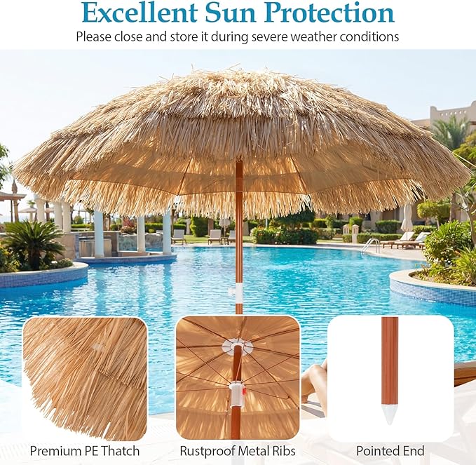 HAPPYGRILL 6 FT Tiki Thatched Umbrella, Hawaiian Tropical Palapa Style Patio Beach Umbrella w/Tilt, Portable Carrying Bag, PP Thatch Grass Pool Parasol for Garden Pool Yard Outdoor