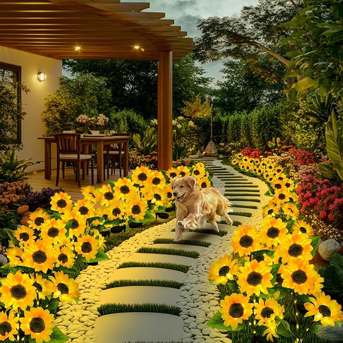 ILLUMINEW 6-Pack Solar Sunflower Garden Lights Outdoor 18 LED Flowers - Waterproof Long-Lasting Solar Patio Lights, Outdoor Decor for Lawn, Yard