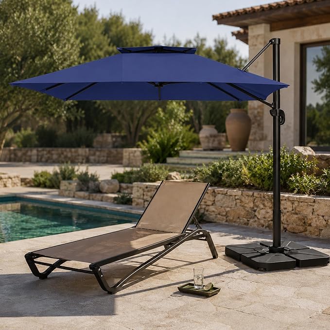 10FT Cantilever Patio Umbrella with Solar Lights, Large Outdoor 2 Tier Aluminum Offset Square Umbrellas 360 Degree Rotation for Garden Deck Pool