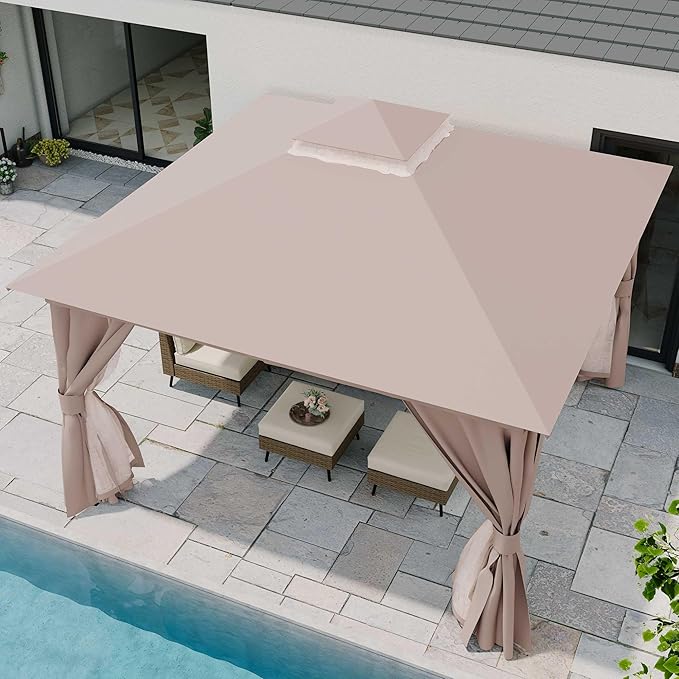 LAUSAINT HOME Patio Gazebo 12'x12', Outdoor Heavy Duty Party Tent Shelter with Double Roofs, Mosquito Nettings and Privacy Screens for Backyard, Garden, Lawn, Khaki