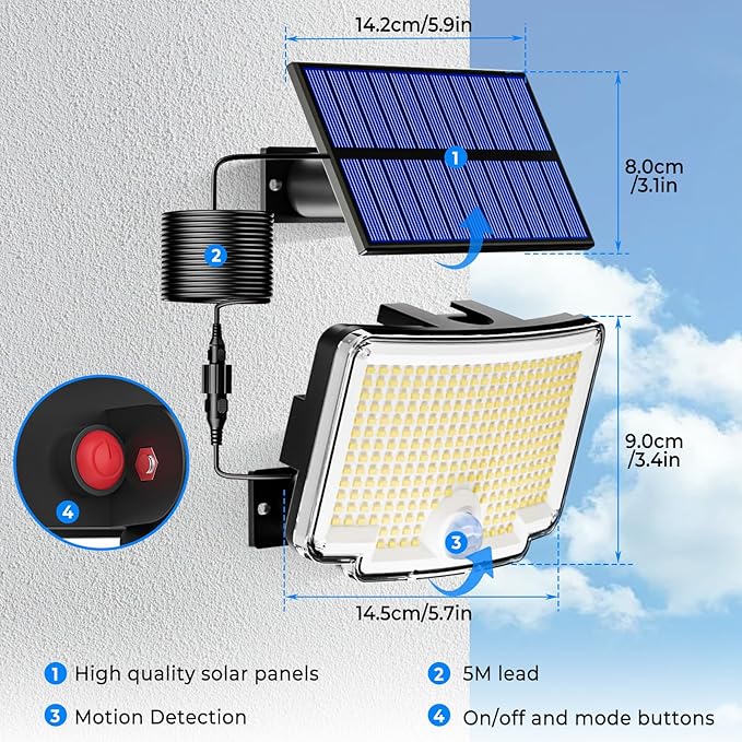 Peasur 6 Pack Solar Motion Lights Outdoor, 318 LED Solar Security Light with 3 Modes, IP65 Waterproof Powered Flood Lights for Outside Garden Garage Yard Backyard