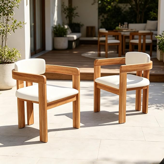 Merax Outdoor Acacia Wood Dining Chairs Set of 2, Modern Solid Wood Patio Chairs with Beige Cushions & Backrest, Outdoor Armchairs Seating Furntiure for Patio Garden Balcony Backyard