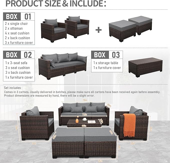 Wicker Patio Furniture Set 6 Pieces Outdoor Furniture Chairs and Couch Storage Table Anti-Slip Cushions and Waterproof Covers, Dark Grey