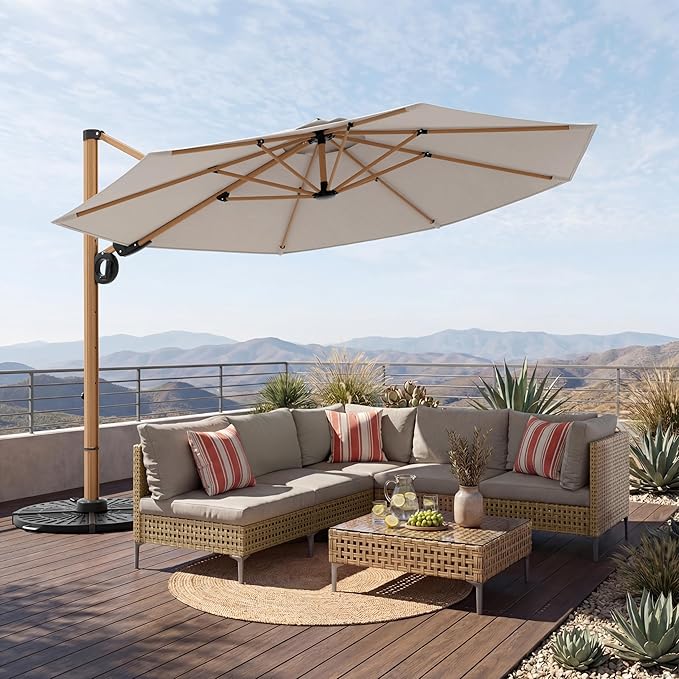 Grand patio 12 FT Patio Umbrella, Outdoor Cantilever Round Umbrella with 360° Rotation, Aluminum Offset Umbrella for Patio Garden Deck Pool, Beige