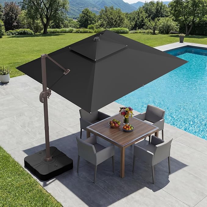 GENTEACO 10X10 FT Cantilever Umbrella, Large Offset Patio Umbrella with Double Top, 6 Angle Tilts & 360° Rotation, Large Square Sun Umbrellas for Outdoor Patio Pool Deck Market, Black