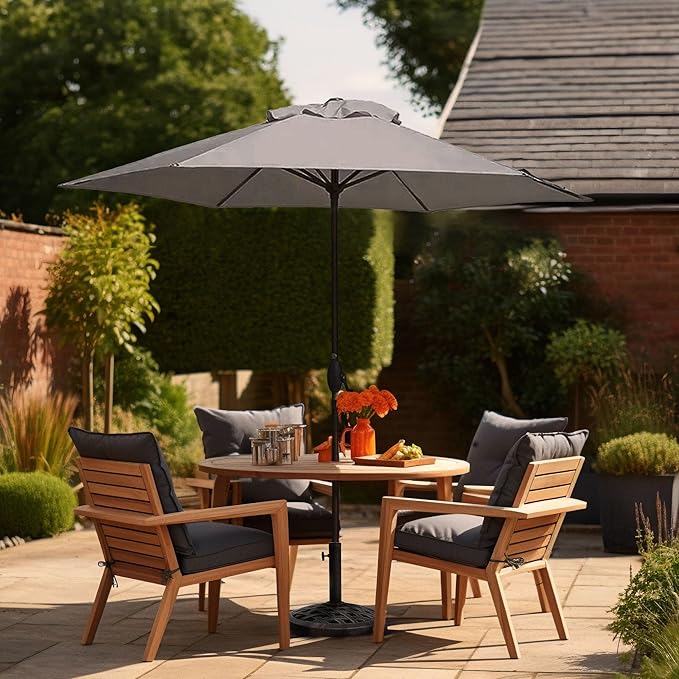 Four Seasons Courtyard 9 Foot Palermo Market Patio Umbrella Round Outdoor Backyard Shaded Canopy with Push Button Tilt and Aluminum Pole, Gray