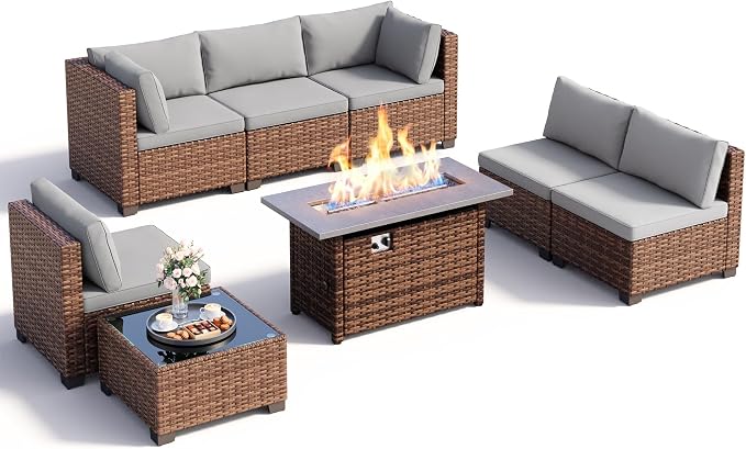 Ahomly 8 Piece Outdoor Patio Furniture Set with 44”Fire Pit Table, Outdoor Wicker Sectional Sofa Conversation Set with Cushions and Glass Coffee Table, for Backyard, Porch, Balcony, Grey