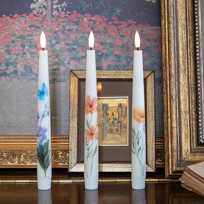 Spring Flameless Taper Candles with Flowers, 9.6" Real Wax LED Candles with Remote, 3 Pack Flickering Candlesticks Battery Operated, Fake Candle for Home, Wedding, Party Decor