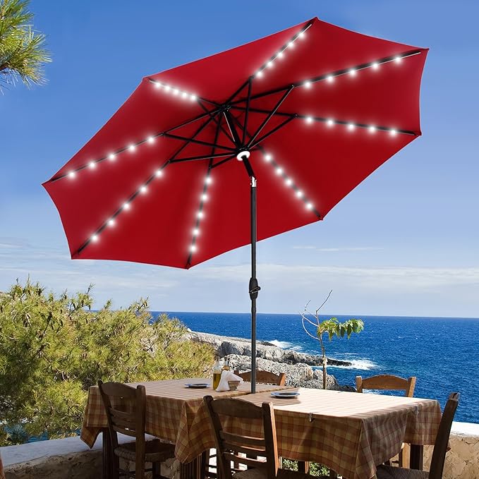 GDY 10Ft Patio Umbrella, Table Umbrella with 40 LED Lights, Outdoor Umbrellas for Patio, with Tilt and Crank, Center Light, for Garden, Deck, Backyard, Pool, and Beach.