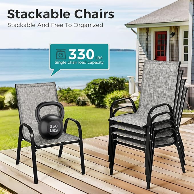 Pamapic Outdoor Dining Sets for 6, Rectangular Steel Slat Table with 6 Textilene Chairs, 7 Piece Patio Table and Chairs Set with Umbrella Hole for Patio, Backyard, Poolside (Grey, No Umbrella)
