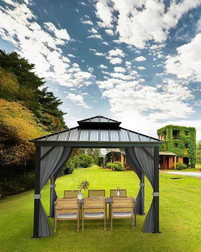 12x12 Gazebo Hardtop, Aluminum Frame Gazebos with Galvanized Steel Double Roof, Mosquito Net & Privacy Curtain,for Patio, Porch, Garden, Lawn, Deck, Backyard