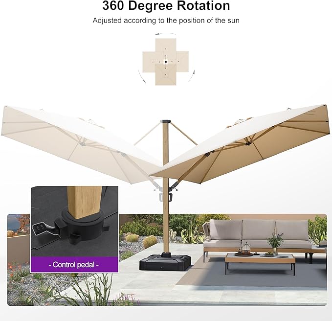 PURPLE LEAF 10FT Patio Umbrella With Base Square Cantilever Umbrella Teak Finished Aluminum Frame Large Windproof Offset Outdoor Sun Umbrellas for Beach Pool Deck, Beige