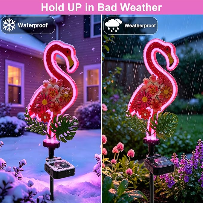 ANGMLN 2Pack Flower Flamingo Solar Lights Outdoor Decor, Pink Neon Solar Flamingos Outdoor for Yard, Flamingo Gifts for Mothers Day Mom Women Path Light for Lawn Patio Walkway Decor